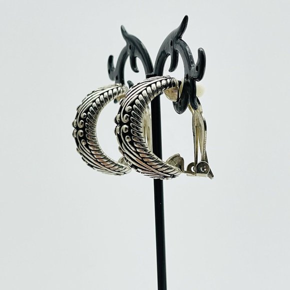 Chunky Oxidized Hoop Earrings Silver Tone Clip On Classic Career Cosplay LARP - Picture 6 of 10